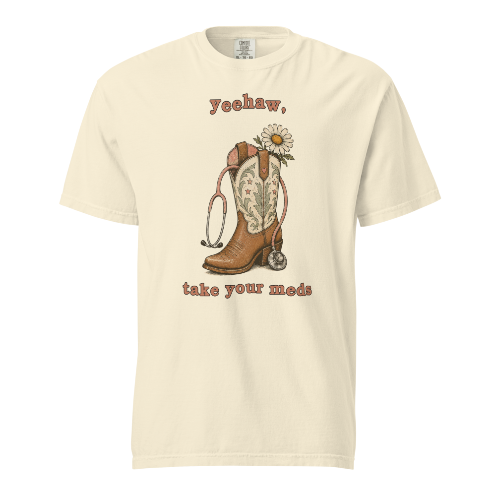 NRS GRV 09 yeehaw meds unisex garment dyed heavyweight t shirt ivory front 6a6a8ed744135