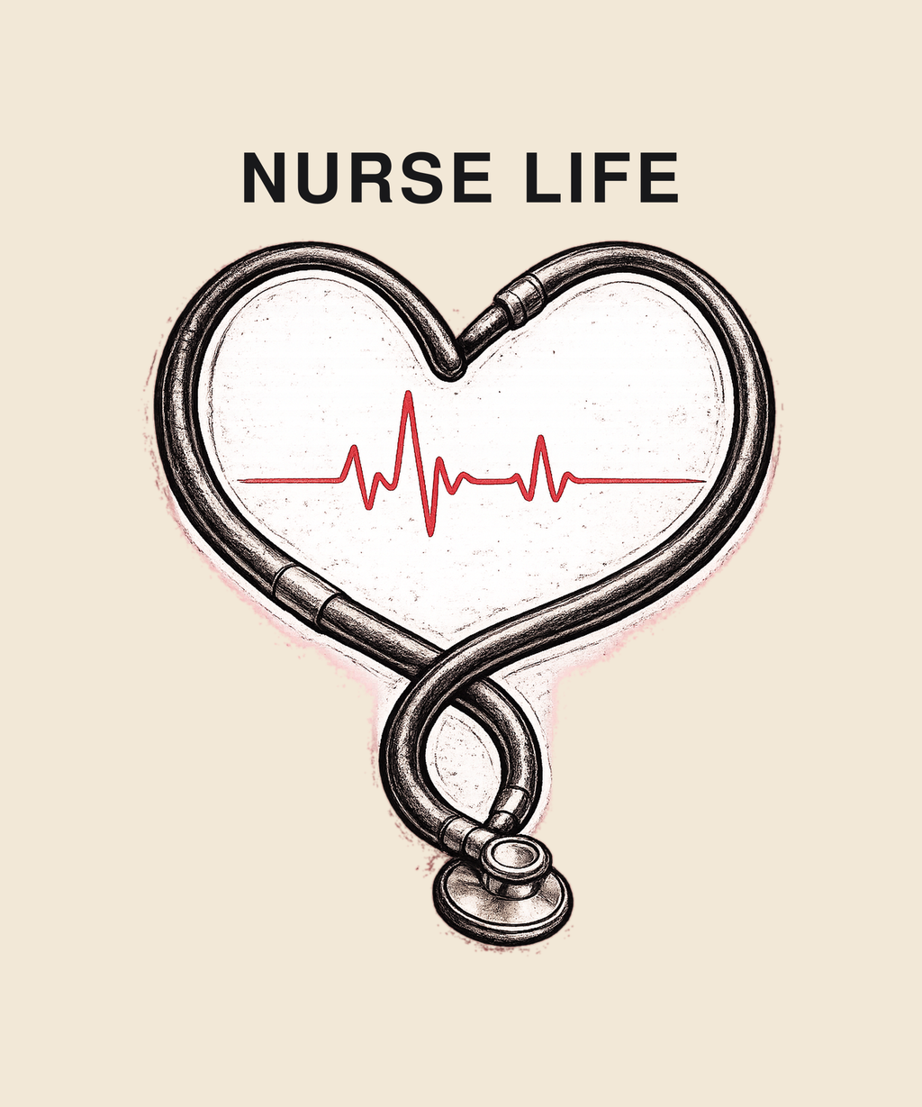 Nurse Life minimal stethoscope heart tee on cream