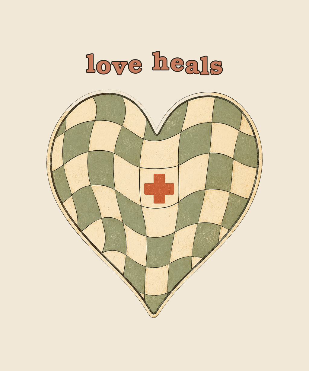Love Heals checker heart tee on cream
