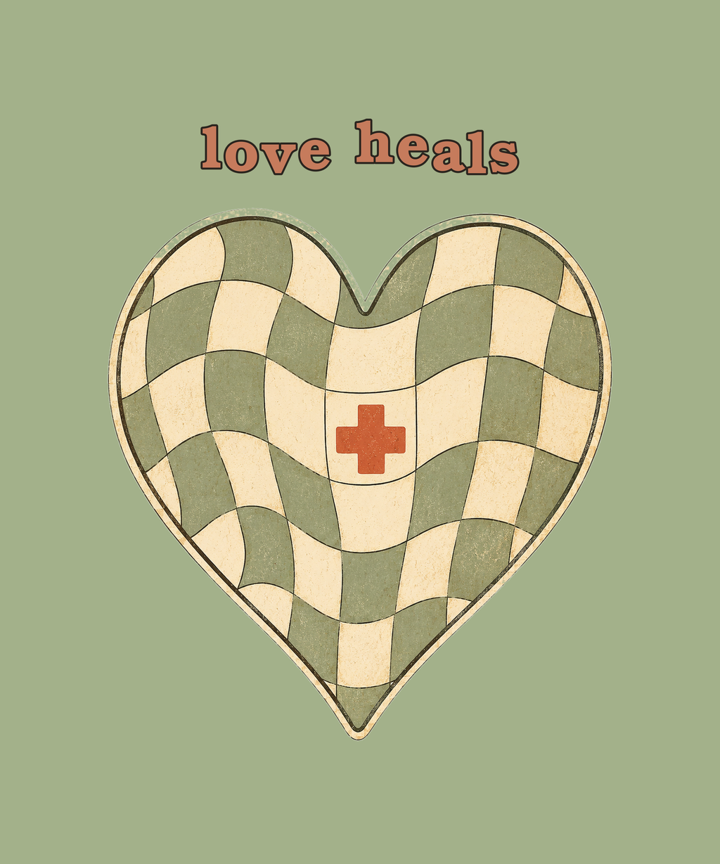 Love Heals checker heart tee on sage