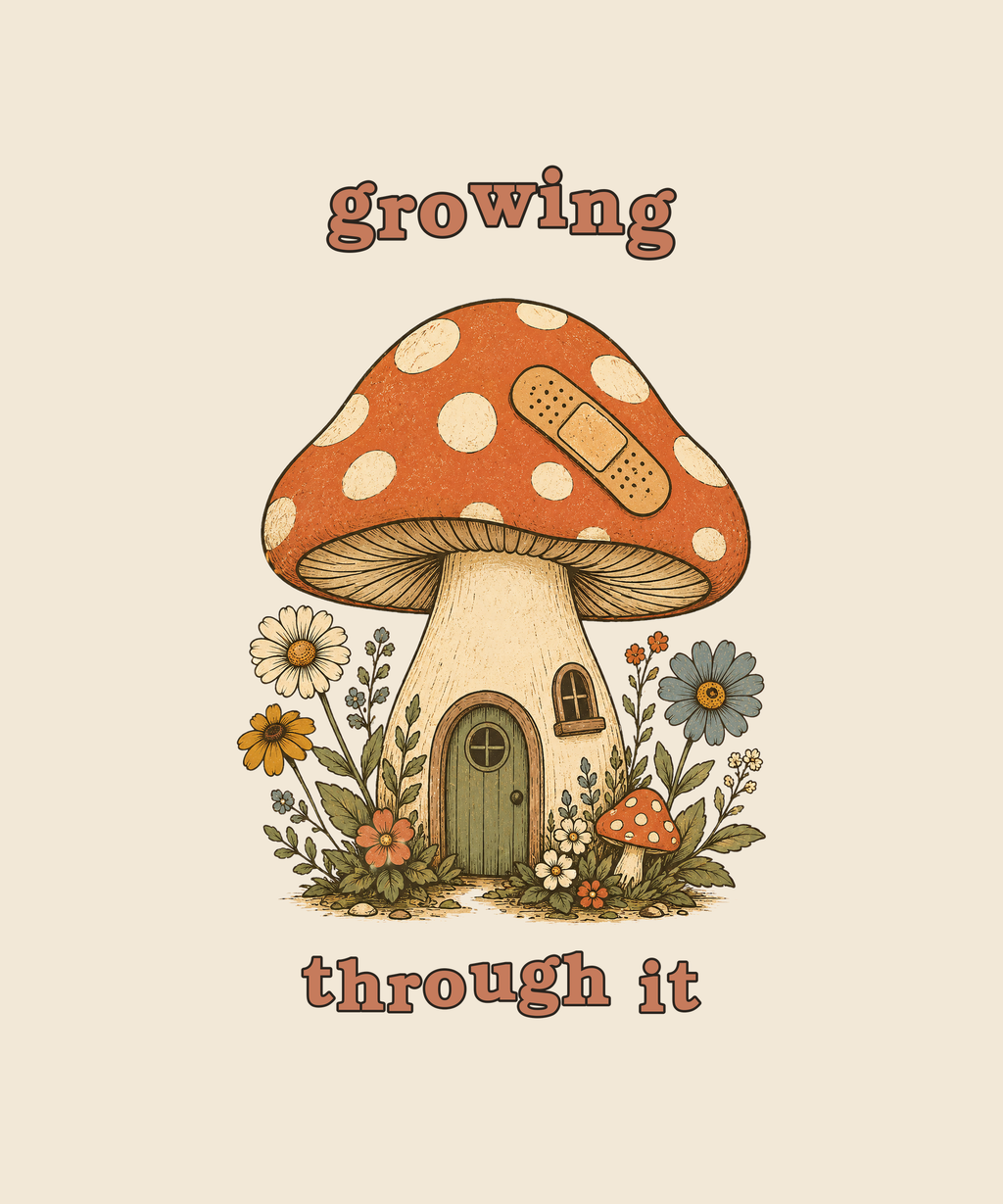 Growing Through It mushroom tee on cream