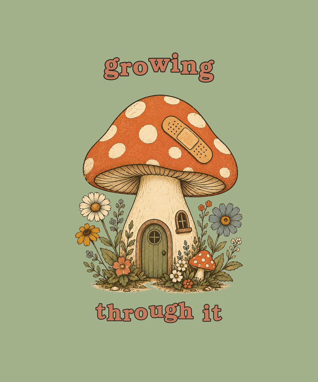 Growing Through It mushroom tee on sage