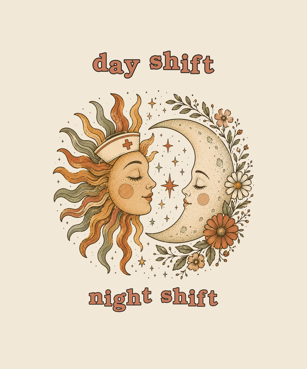 Day Shift Night Shift sun and moon tee on cream