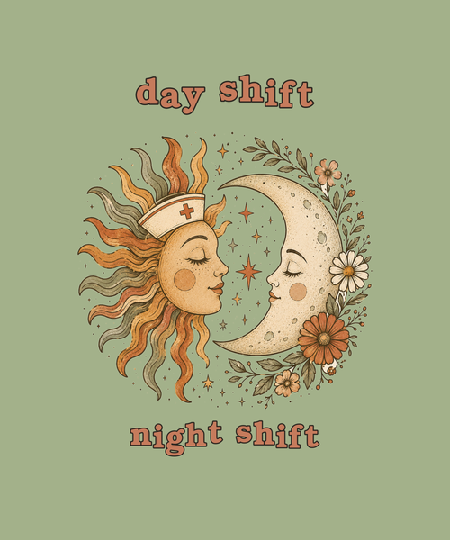 Day Shift Night Shift sun and moon tee on sage