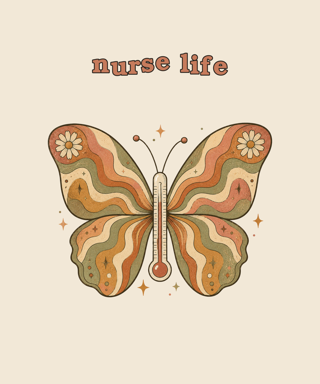 Nurse Life butterfly thermometer tee on cream