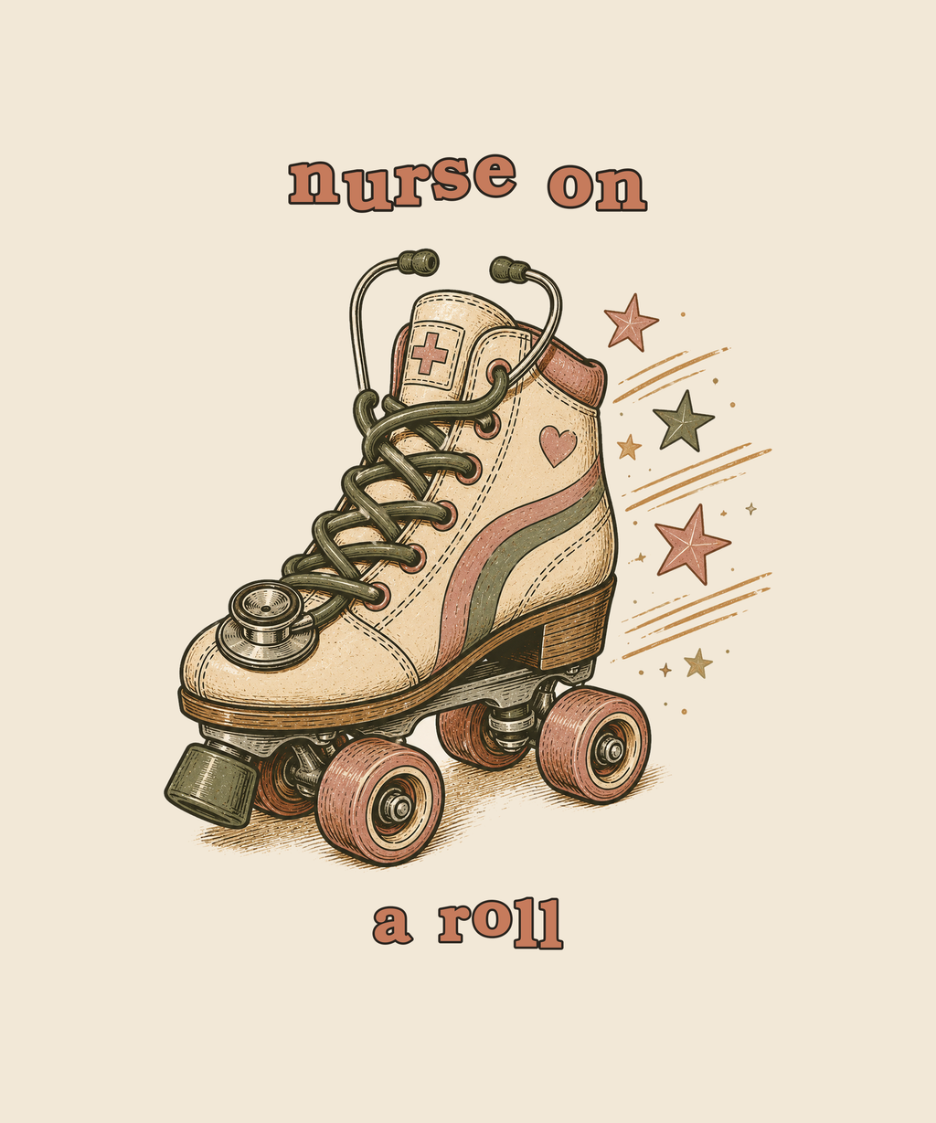 Nurse On A Roll roller skate tee on cream