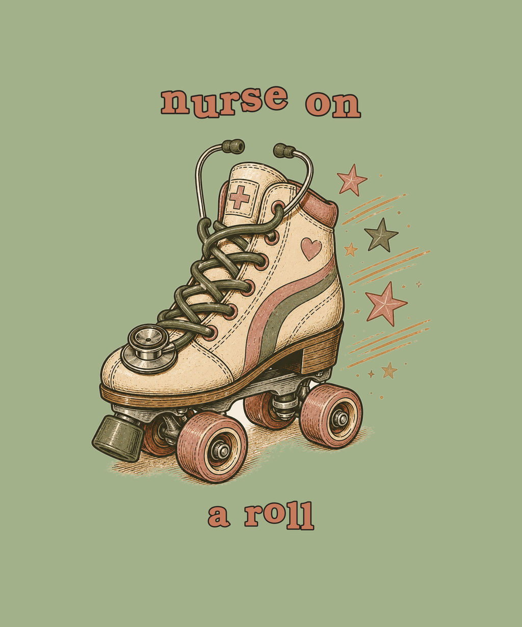 Nurse On A Roll roller skate tee on sage