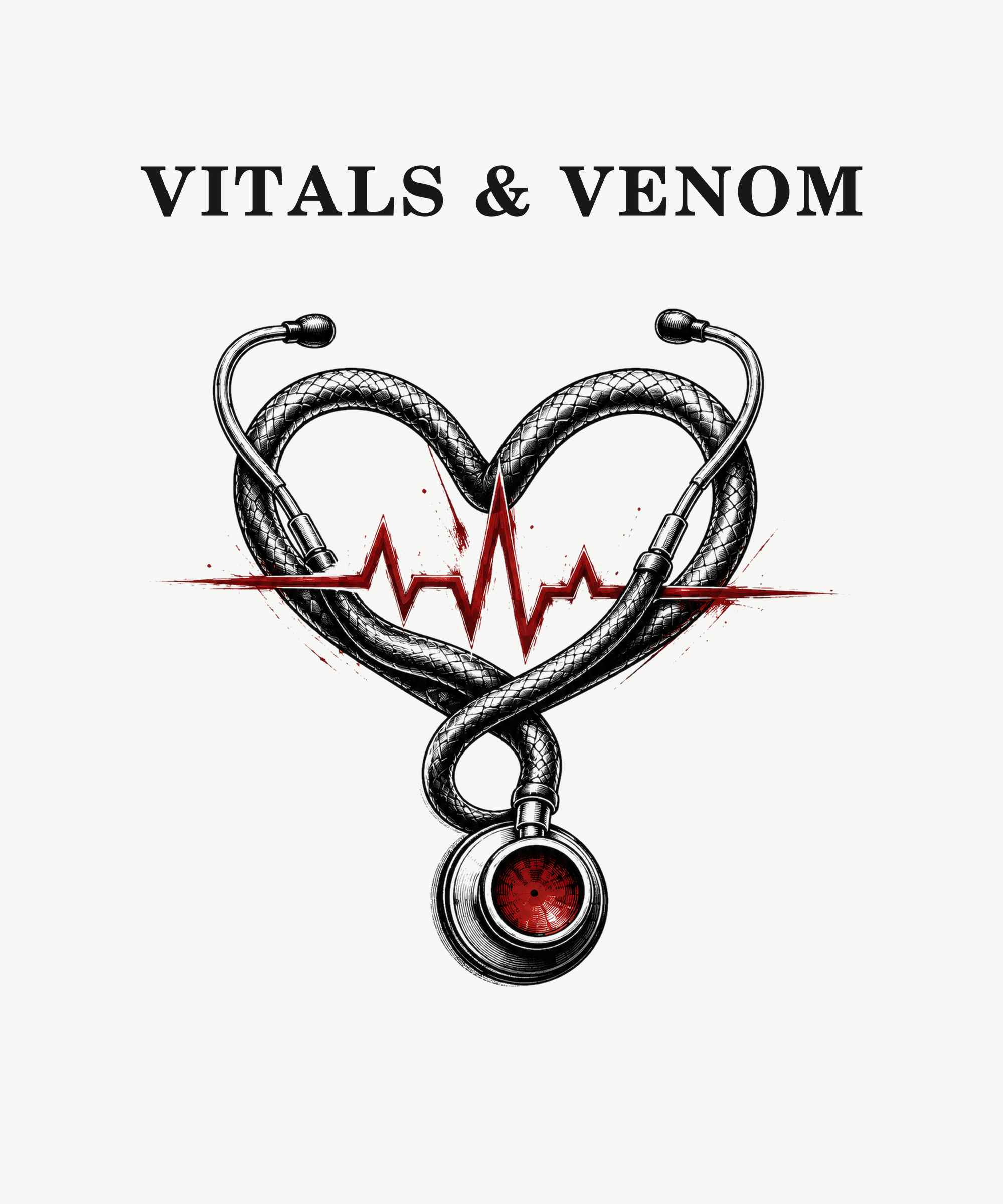 Vitals and Venom snake stethoscope tee on white