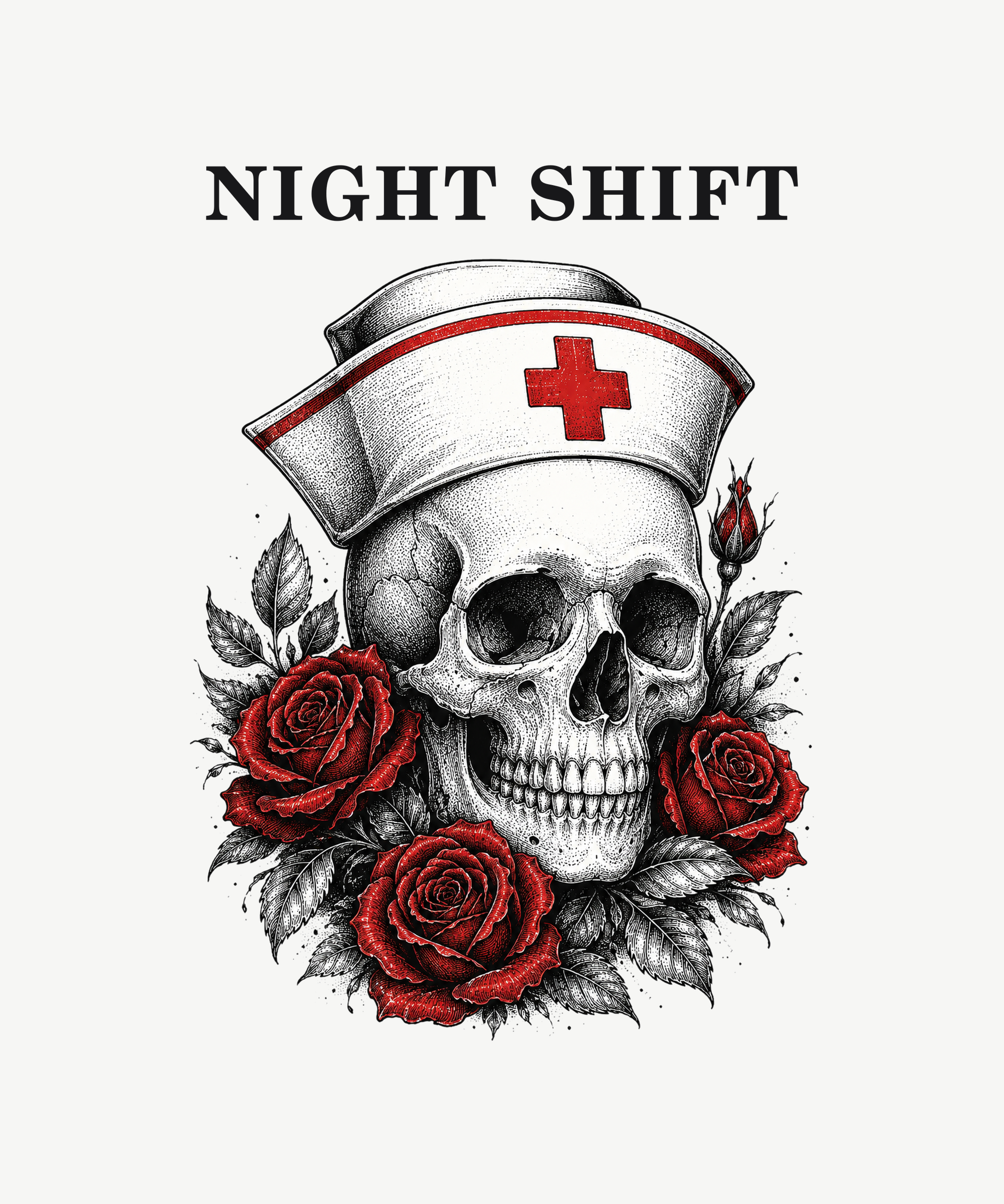 Night Shift skull and roses tee on white