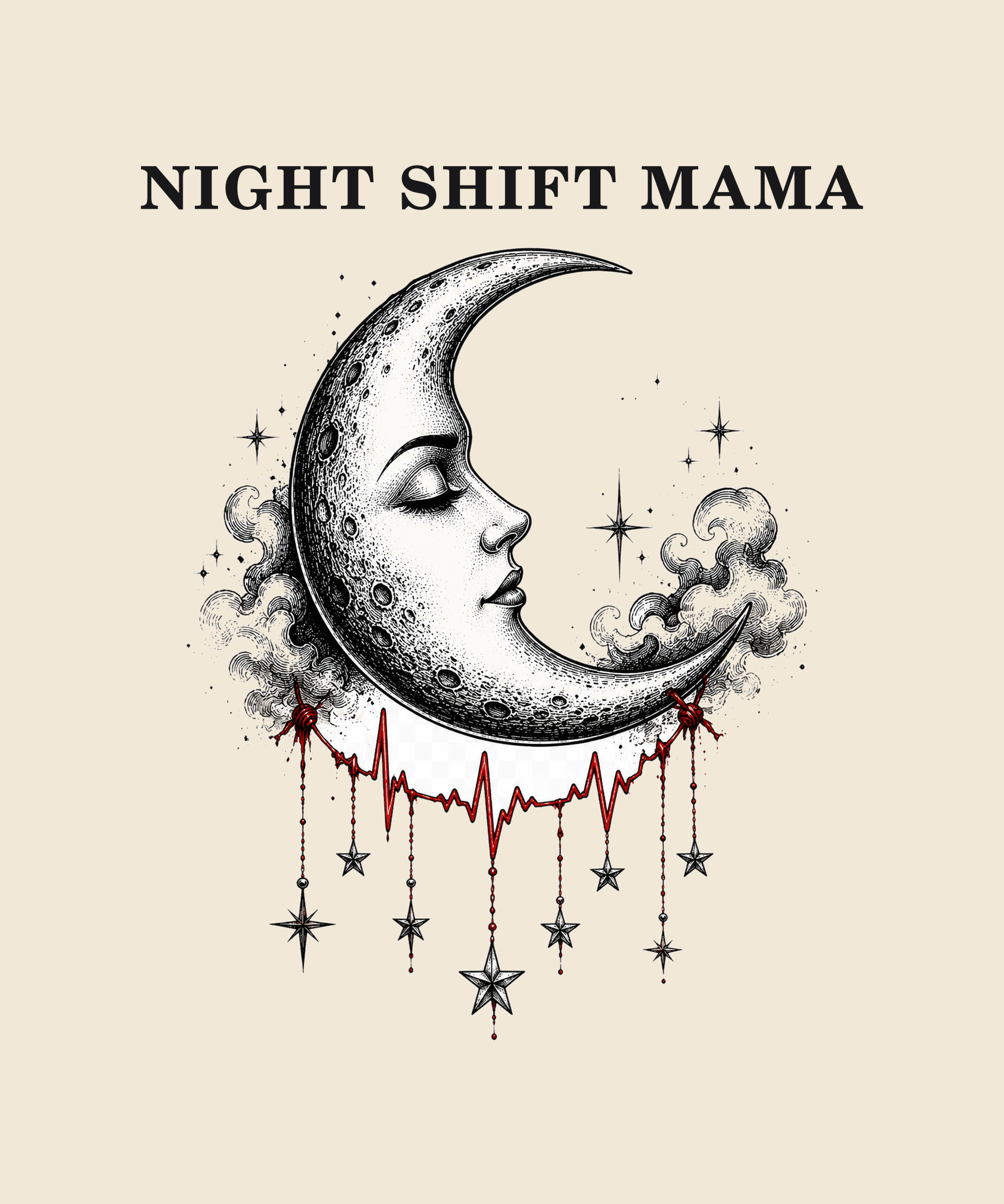 Night Shift Mama crescent moon tee on cream