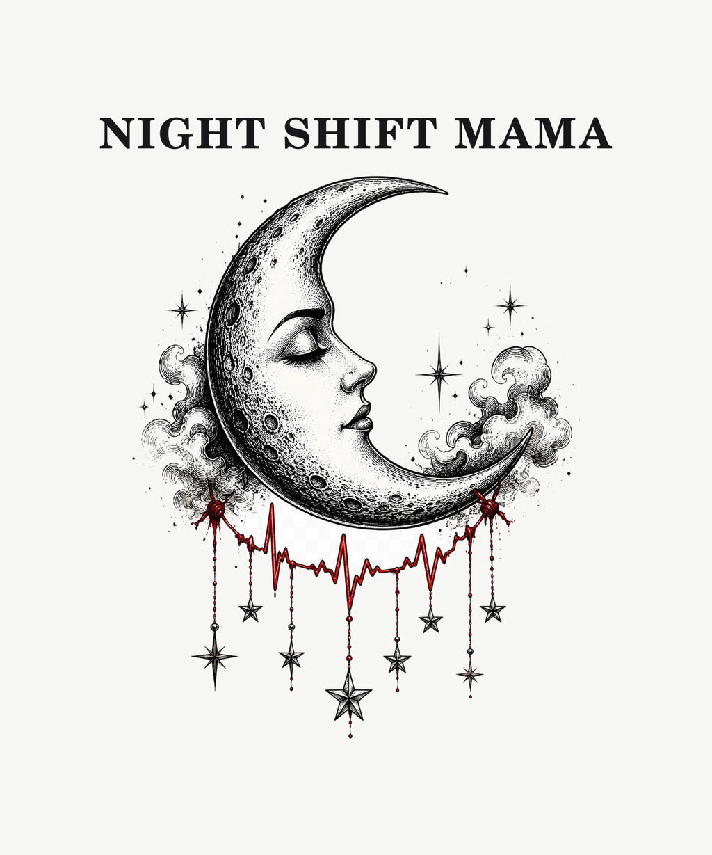 Night Shift Mama crescent moon tee on white