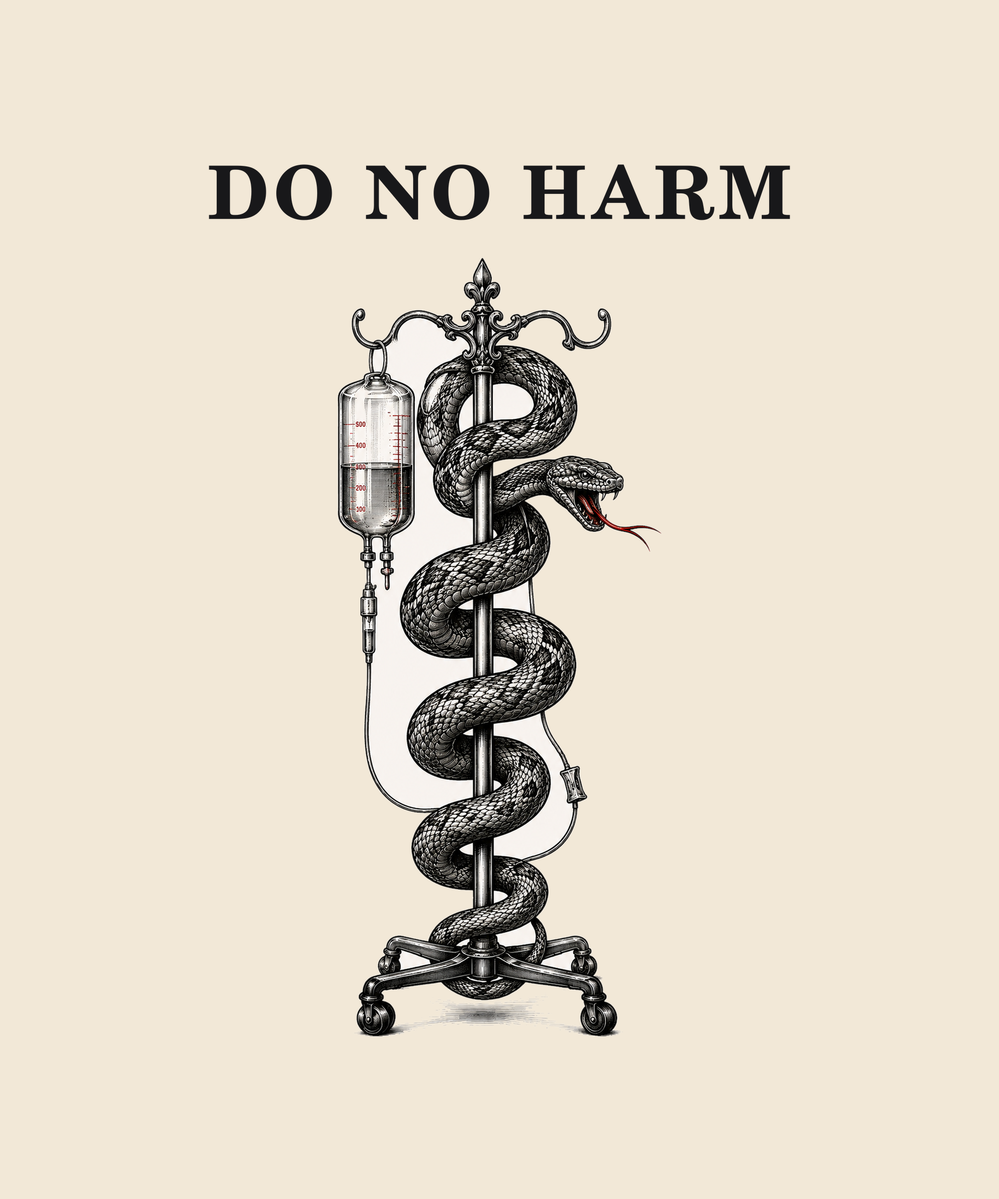 Do No Harm snake IV pole tee on cream