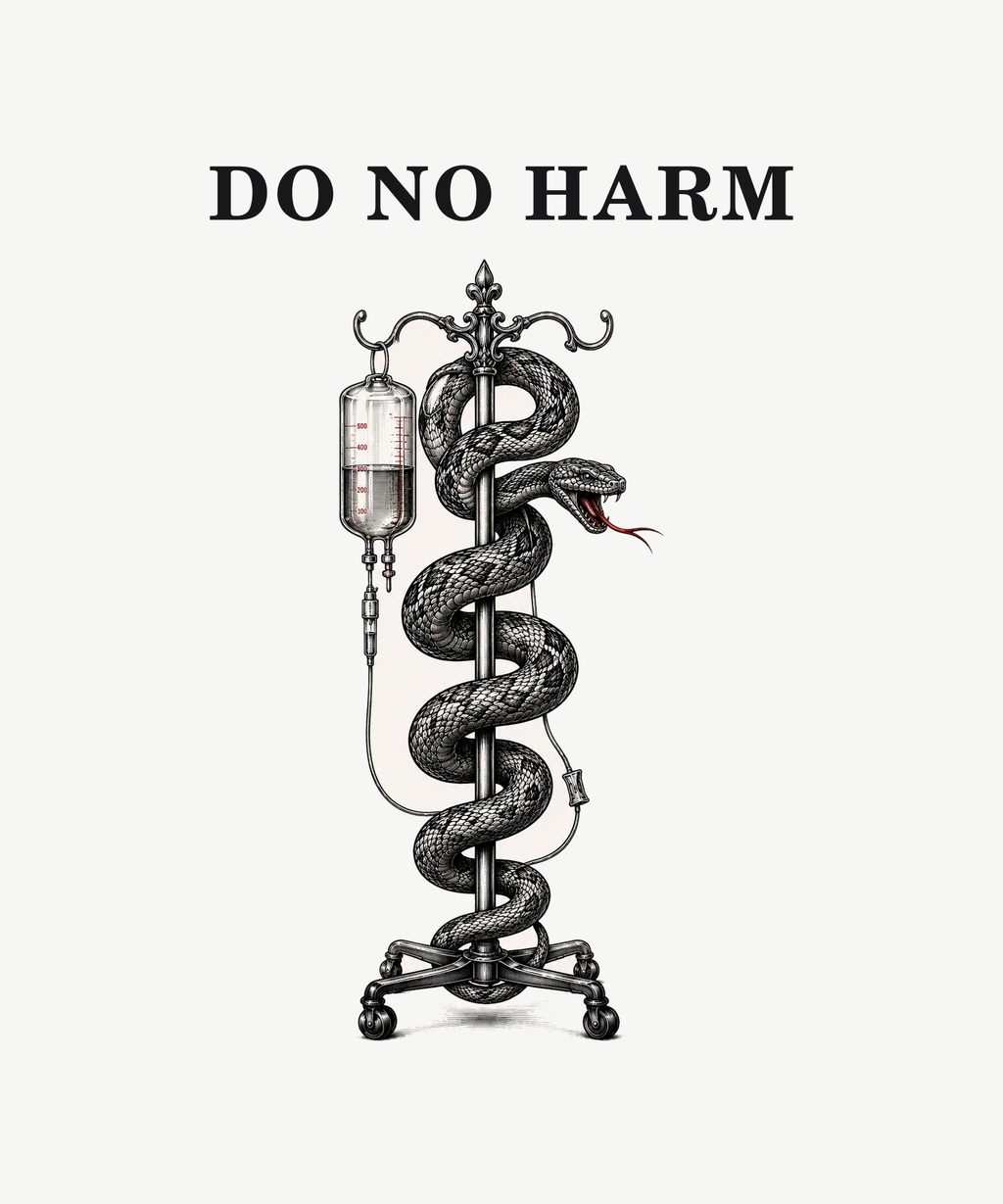 Do No Harm snake IV pole tee on white
