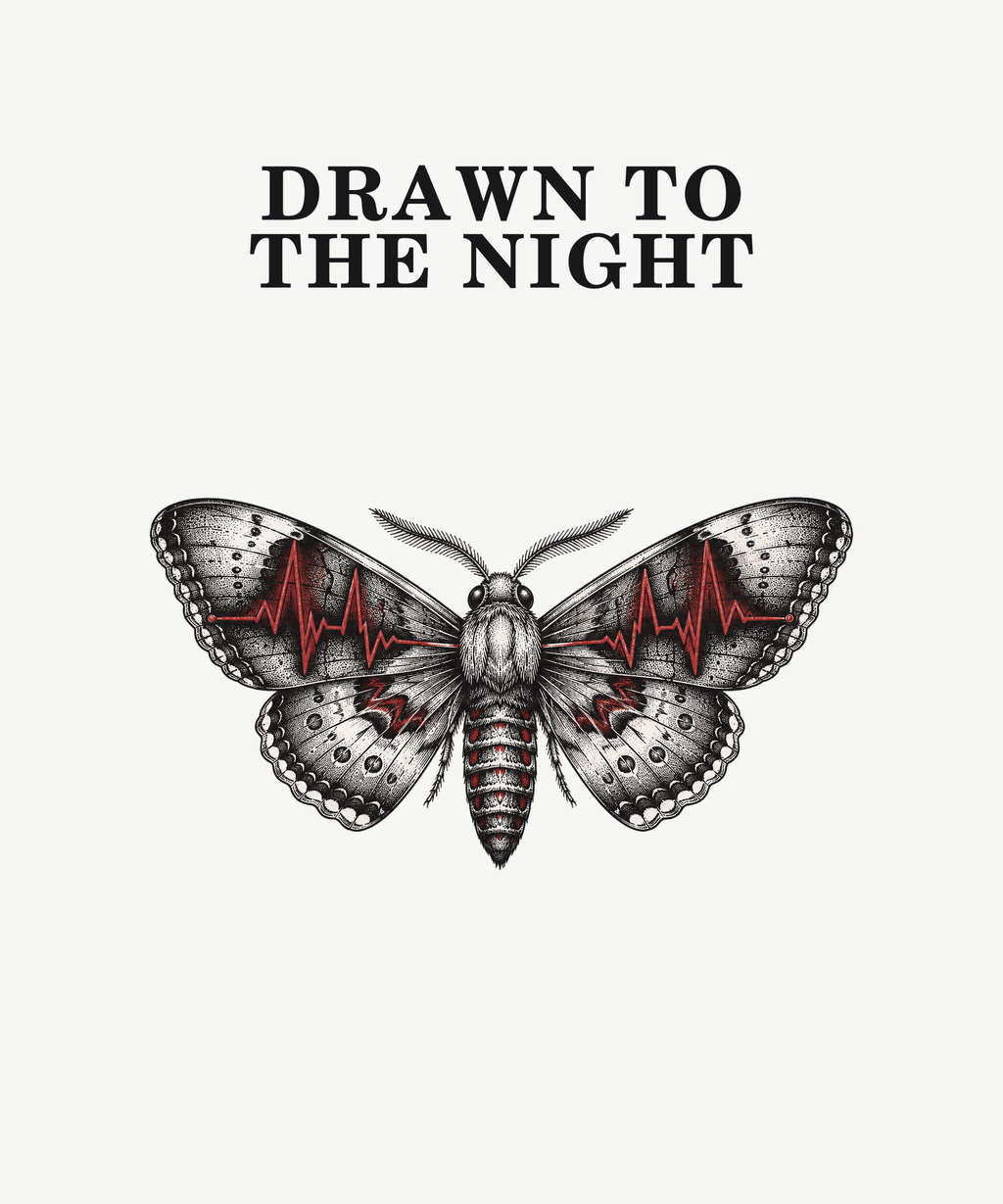 Drawn To The Night moth tee on white